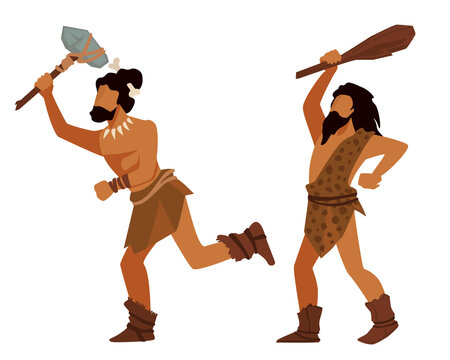 Animal hunters in prehistoric times, ancient people with weapon