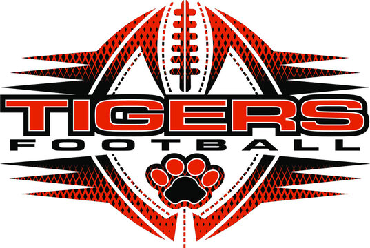 tigers football team design with paw print and ball for school, college or league