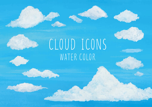 イラストレーターで個々に動かせる水彩画の雲のアイコン

