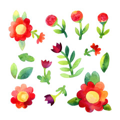 Colorful watercolor red and purple flowers in naive style on white background. Botanical flower pattern. Watercolor flowers print in naive folk style. 
