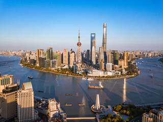 Lujiazui, the financial district in Shanghai, China, at sunset.