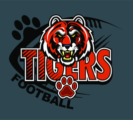 tigers football team design with mascot head and paw print for school, college or league