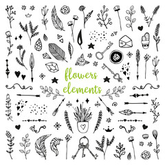 Big design collection of decorative elements. Arrows, leaves, flowers, keys, feathers, herbs. Hand drawn doodle vector.