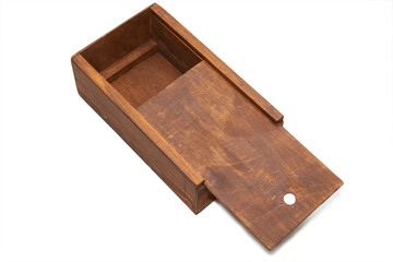 An empty wooden box. Made of pine and plywood, on a light white background.