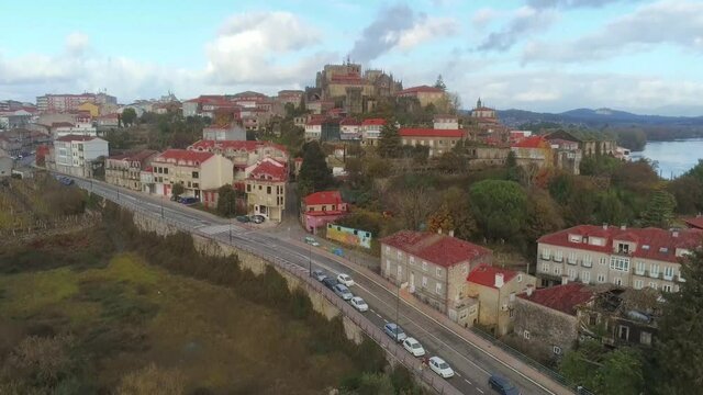 Galicia.Aerial view of  Tui. Camino de Santiago. Spain. Drone Footage