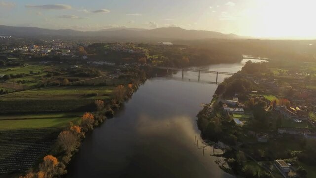 Aerial view of River at sunset in Spain. Drone Footage