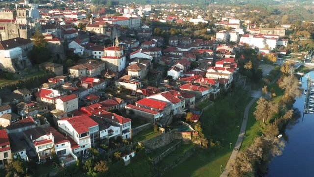 Galicia.Aerial view of  Tui. Camino de Santiago. Spain. Drone Footage