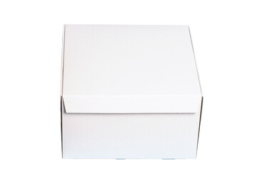 Close up photo of a white box without its shadow on a white background. Clear simple template for packaging design