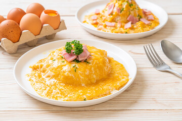 Creamy Omelet with Ham on Rice