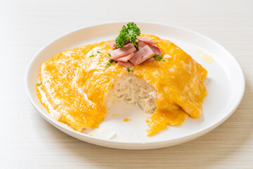 Creamy Omelet with Ham on Rice