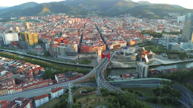 Bilbao. Aerial view of Bilbao, city of Basque Country, Spain. Drone Footage