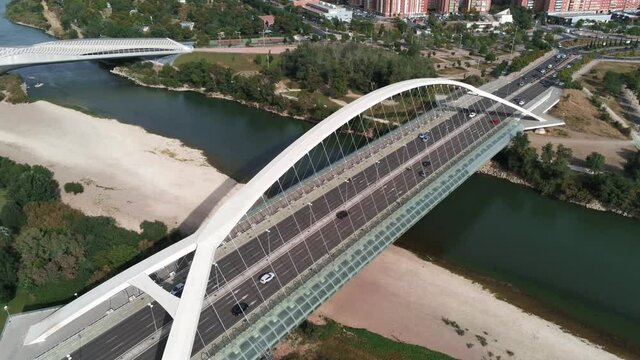 Zaragoza. Aerial view of bridge in Ebro River. Aragon,Spain. Drone Footage