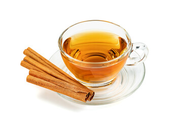 Transparent cup of tea with cinnamon sticks isolated on white background ,include clipping path
