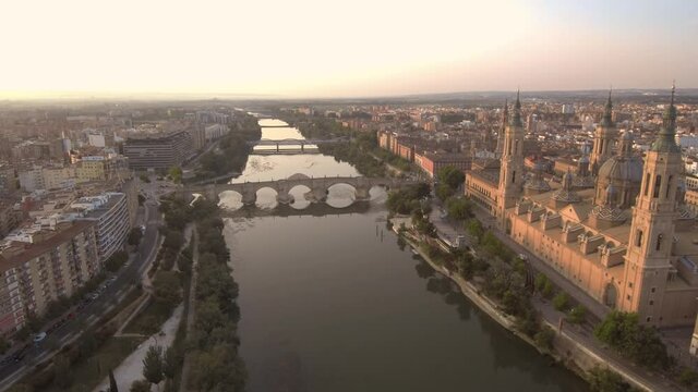 Zaragoza. Aerial view of the Basilica of the Pillar and Ebro River. Aragon,Spain. Drone Footage