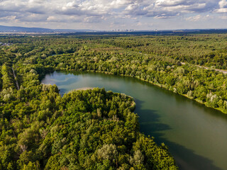 Fototapeta na wymiar Aerial view of the lake called Oberwaldsee next to Darmstadt, Germany.