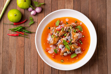 Spicy Canned Sardine Salad.Mixed salad with sliced lemon grass, fish sauce, lime juice and paprika.Top view