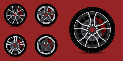 Sports car rim. car tyre collection isolated graphic design for modern transportation car.