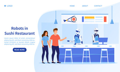 Automated service in the sushi restaurant. The humanoid robot takes orders and counts customers in the cafe. Modern technologies in the service sector Perfect for landing, web Flat Vector Illustration