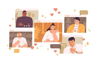 Pensive single woman looking man at virtual dating vector flat illustration. Female searching love choosing between different male isolated on white. Concept of online meeting and web communication