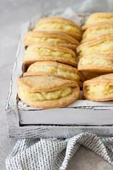 Homemade buns or pastries with cottage cheese on a wooden tray, light grey stone background. Traditional Russian pastry Sochnik.