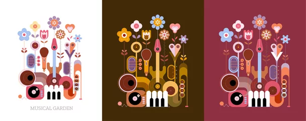 Gordijnen 3 opties van gekleurd ontwerp geïsoleerd op een olijf / op een witte / op een donker rode achtergrond Bloemen en muziek instrumenten vector illustratie. Bloeiende bloemen groeien uit verschillende muziekinstrumenten. ©  danjazzia