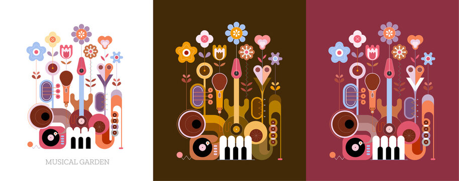 3 options of colored design isolated on a olive / on a white / on a dark red background Flowers and Musical Instruments vector illustration. Blossoming flowers grow from different music instruments.