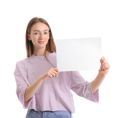 Naklejka premium Young woman with blank card on white background