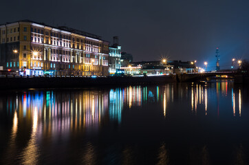 Moscow embankment and illuminated buildings at night