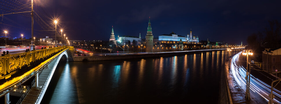 Panorama of the bridge near Kremlin and Kremlin towers