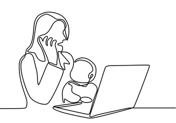 One continuous drawn line of a woman working in her home with a child on her hands painted by hand silhouette picture. Young mother work from home while holding her baby isolated on white background