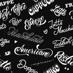 Coffee lettering seamless pattern. Design for print, poster, invitation, t-shirt and badges