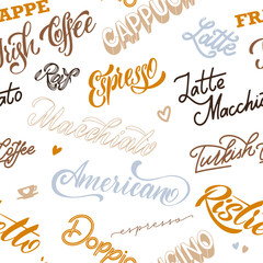 Coffee lettering seamless pattern. Design for print, poster, invitation, t-shirt and badges