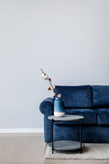 Stylish sofa and table with cotton flowers near light wall in room