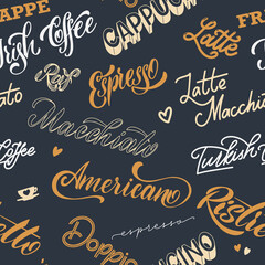 Coffee lettering seamless pattern. Design for print, poster, invitation, t-shirt and badges