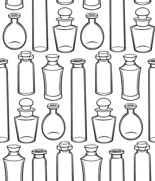 Seamless texture with outline bottles, flasks and jars on a white background. Magical pharmacy objects. Vector contour pattern for fabrics, wallpapers and your design.
