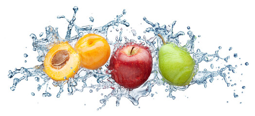 Apricot, apple and pear in spray of water.