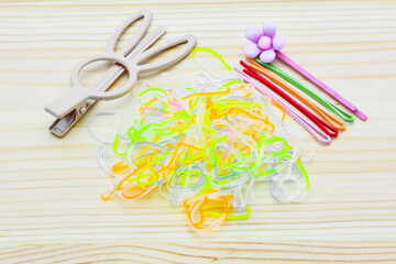 Hair accessories. Woman hair items stylist salon flowers elastic bands bows hoops, accessory for care and clip hairline,