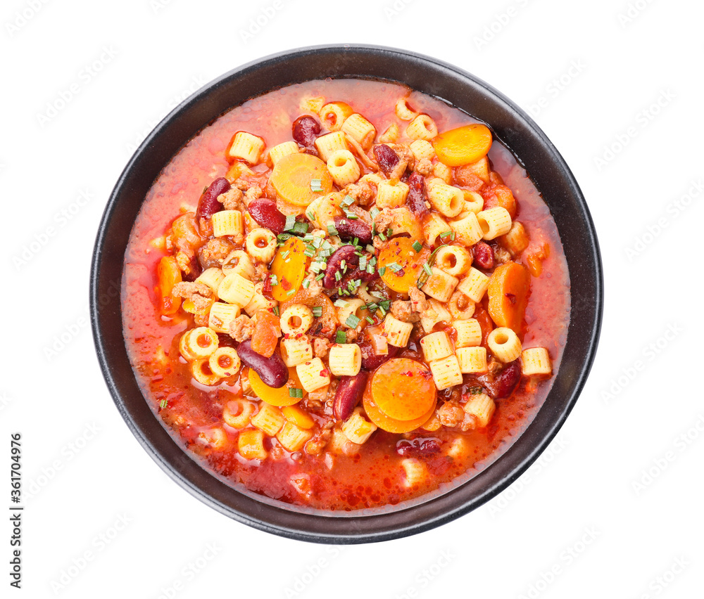 Wall mural bowl with tasty pasta and beans on white background