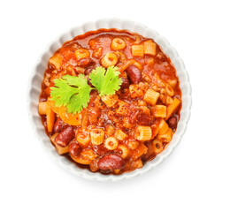 Bowl with tasty pasta and beans on white background