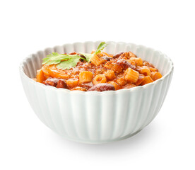 Bowl with tasty pasta and beans on white background