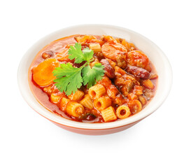 Bowl with tasty pasta and beans on white background