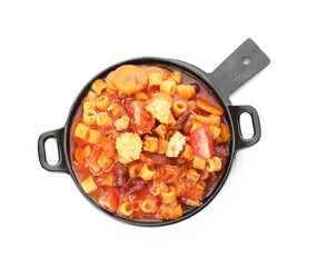 Dish with tasty pasta and beans on white background