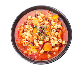 Bowl with tasty pasta and beans on white background