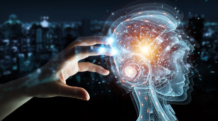 Man hand using digital artificial intelligence holographic projection 3D rendering