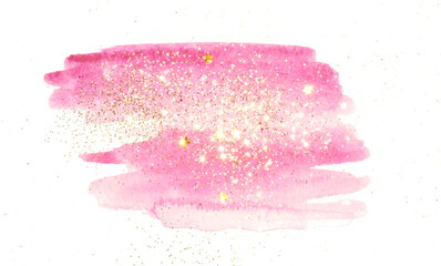 Golden glitter and glittering stars on abstract pink watercolor splash in vintage nostalgic colors on white background