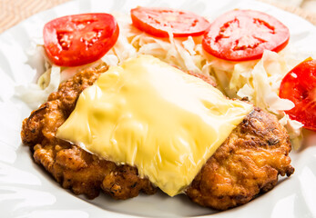 Fried chicken steak with cheddar  cheese , in door  Chiangmai  Thailand