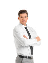 Young businessman in stylish shirt on white background