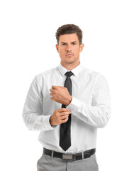 Young businessman in stylish shirt on white background