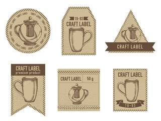 Craft labels vintage design with illustration of teapots, cups