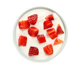 Bowl of healthy strawberry yogurt on white background